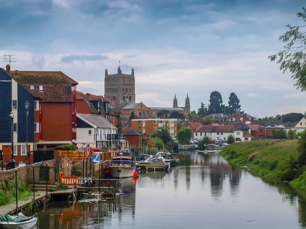 Vista Rio Avon Rio Com Barcos Amarração Tewkesbury Gloucestershire Grã — Fotografia de Stock