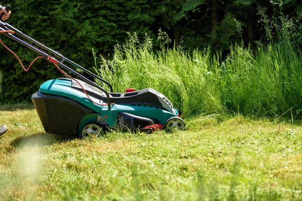 Man Cutting Grass Electro Lawnmower His Garden — Stock Photo, Image