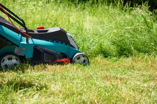 Close Electro Lawnmower Cutting Grass Garden Home — Stock Photo, Image