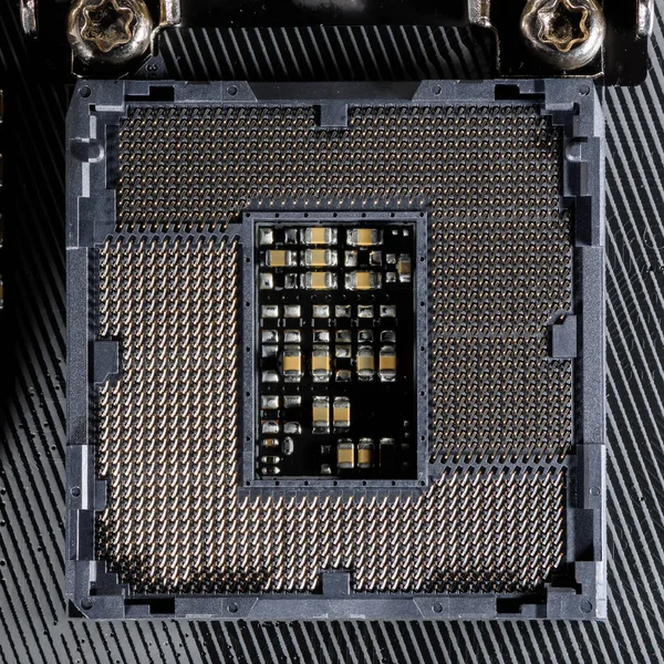 Zavřít Cpu Socket Moderního Počítače Základní Desky Zobrazující Extrémní Malé — Stock fotografie