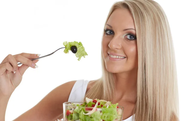 Une Jeune Femme Mince Tient Bol Salade Sur Fond Blanc — Photo
