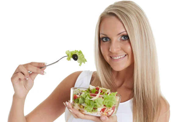 Mujer Joven Delgada Sostiene Tazón Ensalada Sobre Fondo Blanco Concepto — Foto de Stock