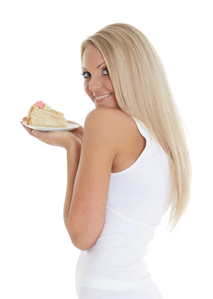 Молодая Счастливая Женщина Вкусным Тортом Стоит Белом Фоне — стоковое фото