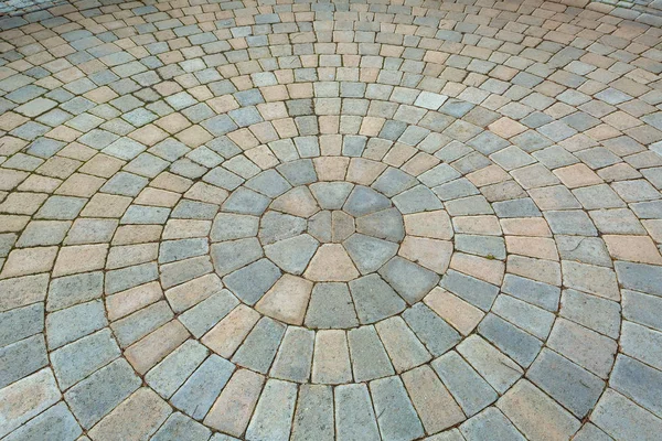 Garten Hinterhof Kreisförmige Muster Ziegelstein Pflastersteine Hardscape Patio — Stockfoto