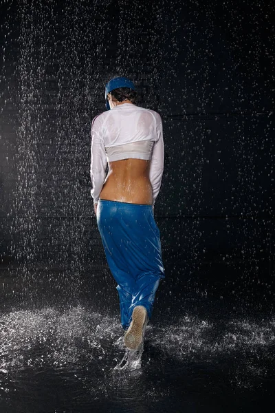 Beautiful Girl Dancing Water Rain Black Background Modern Dances — 스톡 사진