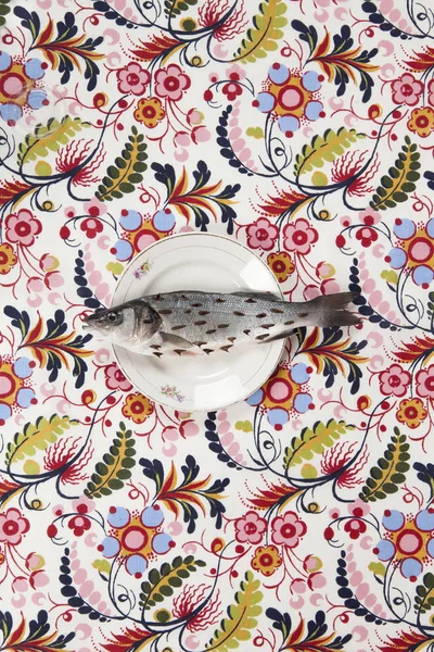 Ένα Μπάσο Ψάρι Τριανταφυλλιά Αγκάθια Μια Πλάκα Λουλουδιών Κρυμμένα Ένα — Φωτογραφία Αρχείου