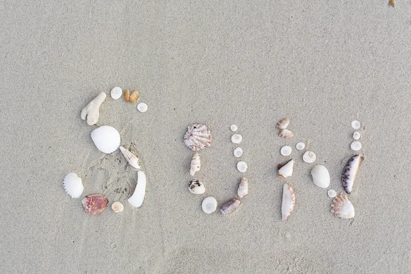 Palavra Sol Escrito Com Conchas Areia Uma Bela Praia Tailândia — Fotografia de Stock
