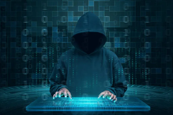 Hacker Com Hoodie Usando Teclado Virtual Para Hacking Sistema Conceito — Fotografia de Stock