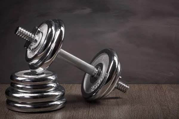 Steel Dumbbell Weights Grey Background Sports Bodybuilding Equipment Fitness Sport — Stock Photo, Image
