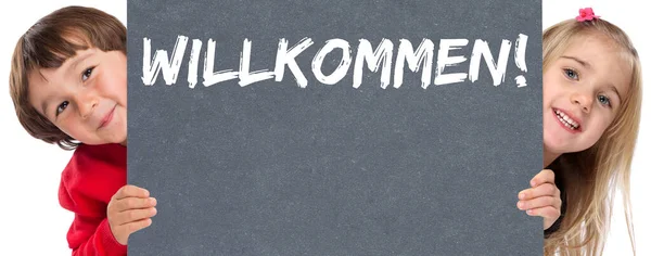 Willkommen Kunde Kunden Kleine Kinder Marketing Schild Kommunikation — Foto de Stock