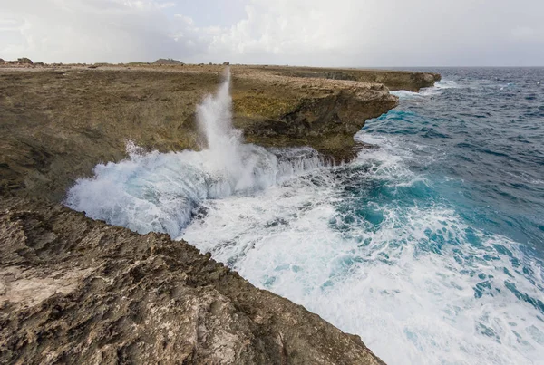 在加勒比海边冲浪和喷水 博内尔 蓝色是岩石上碧绿的水 — 图库照片