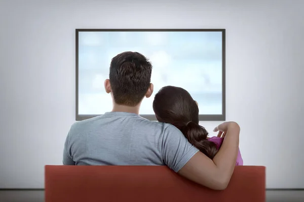 Portrait of asian couple on couch watching the television at home