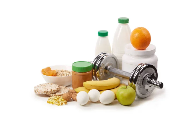 Sport Táplálkozás Kiegészítők Egészséges Élelmiszer Súlyzó Elszigetelt Fehér Alapon Fitness — Stock Fotó