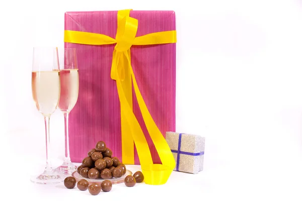 Two Glass Champagne Chocolates Present Box — Stock Photo, Image