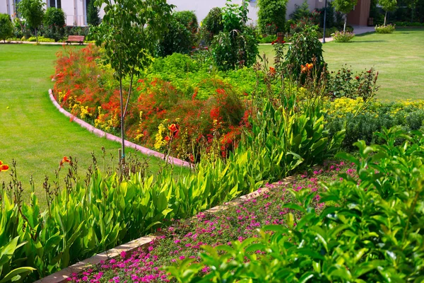 Krásná Zahrada Květinami Zelenou Trávou — Stock fotografie