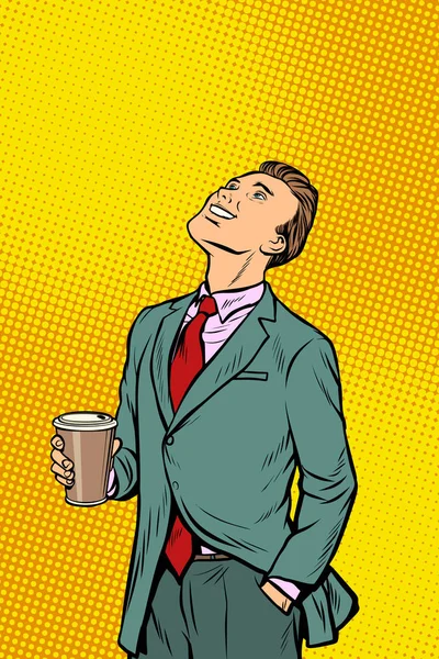 商人一边喝咖啡一边抬起头来 流行艺术复古漫画卡通矢量画图 — 图库照片