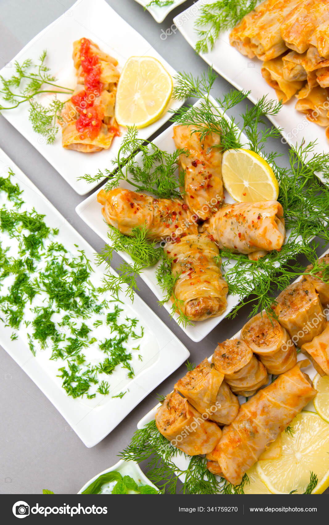 Cabbage Rolls Turkish Sarma Vegetables Spices Yogurt Menu Service Dill Stock Photo by