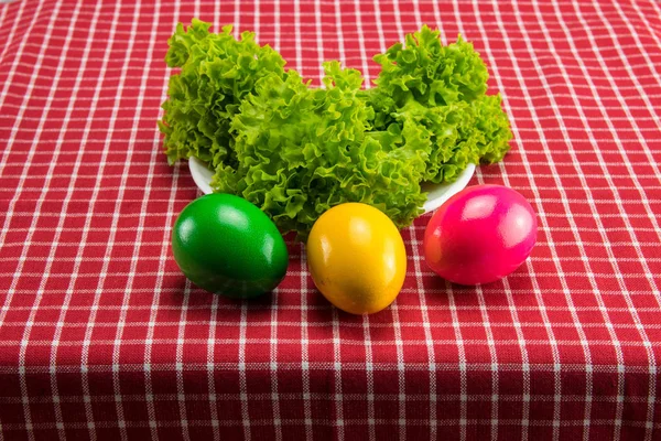 Easter Eggs Fresh Green Salad Red White Checkered Tablecloth Health — Stock Photo, Image