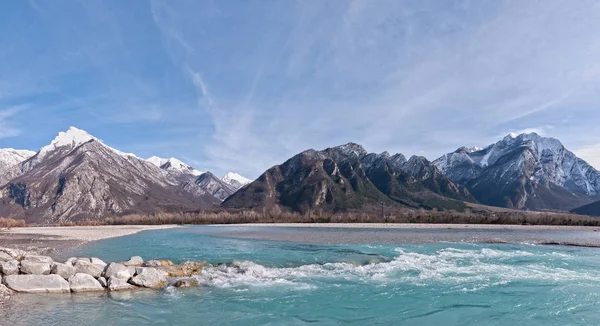 stock image Beauty landscape of mountains and river. Alps Friuli Italy.