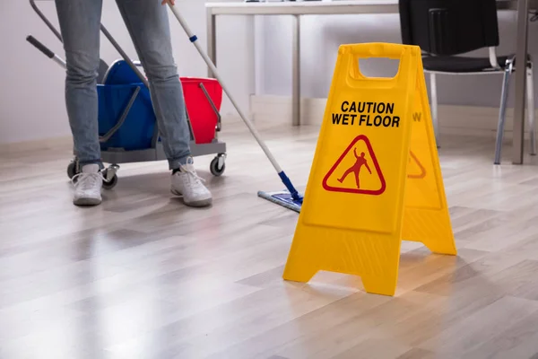 Close Yellow Wet Floor Caution Sign Janitor Cleaning Office — 스톡 사진