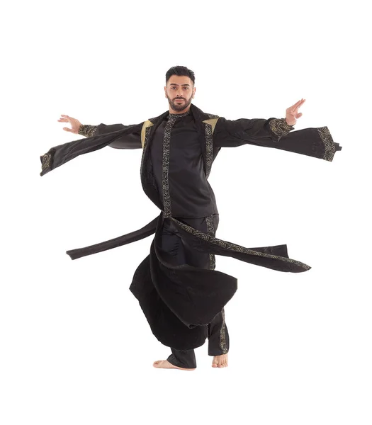 Ung Stark Man Bär Orientalisk Kostym Danser Vit Bakgrund — Stockfoto
