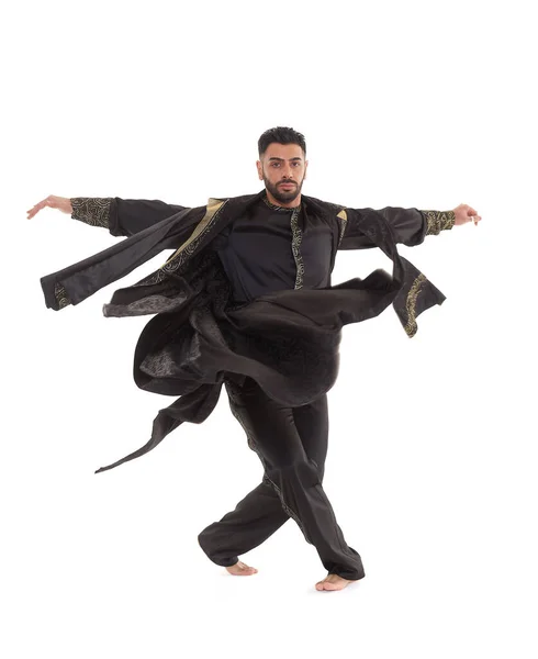 Hombre Joven Con Trajes Orientales Baila Sobre Fondo Blanco —  Fotos de Stock