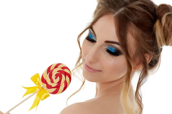 Portrait Cheerful Young Woman Lollipop White Background Pin Style — Stock Photo, Image