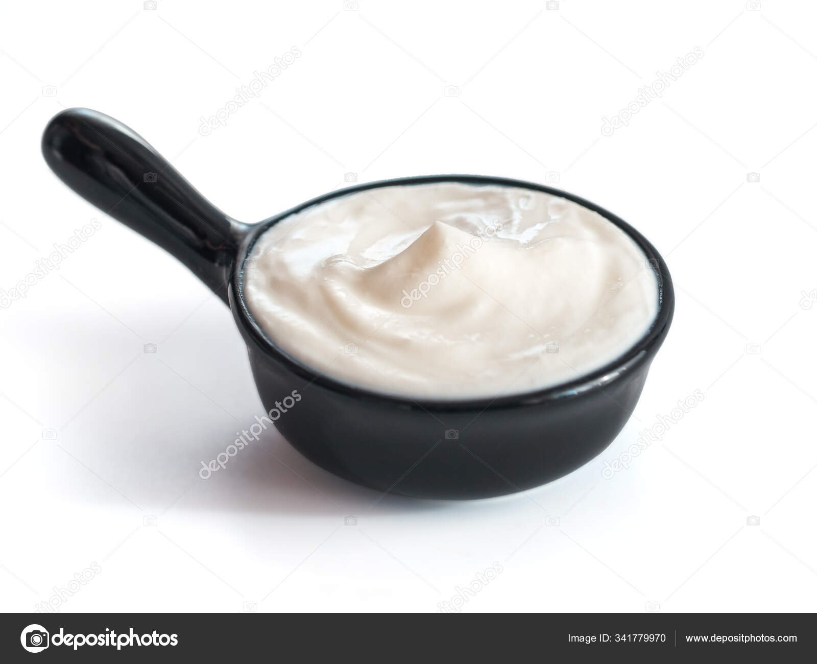 Beautiful Greek Yogurt Sour Cream Black Bowl Isolated White Background