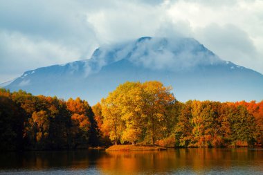 Golden Autumn at the lake on a background of mountains. clipart