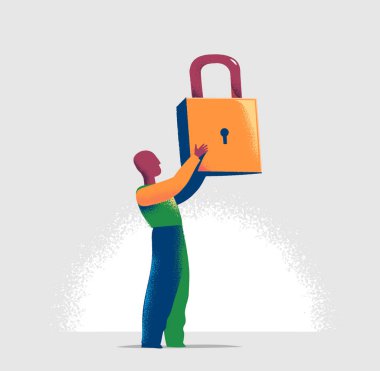 Torso of a manager is locking one virtual lock in a lineup of open padlocks. Business metaphor and technology concept for cyber security, critical data streaming, and personal information. clipart