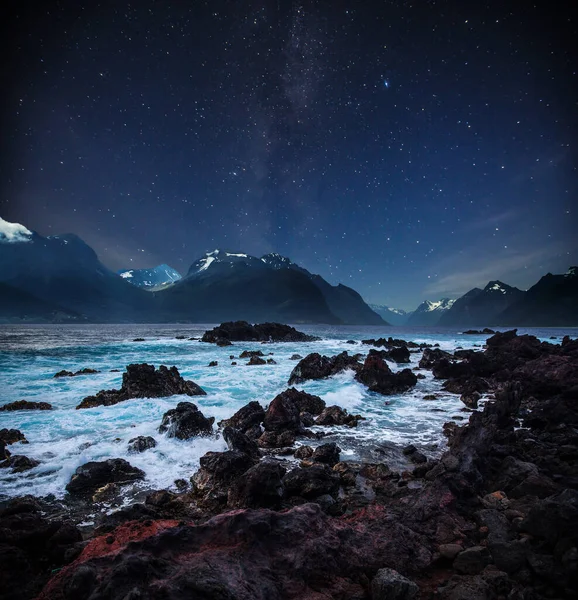 Sterne Leuchten Himmel Über Den Fjorden Milchstraße — Stockfoto