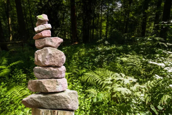 Pirâmide Pedra Empilhada Frente Prado Com Samambaias — Fotografia de Stock