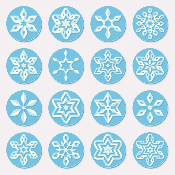 Set Van Zestien Blauwe Tinten Sneeuwvlok Ornamenten Kerst Ontwerp Elementen — Stockfoto