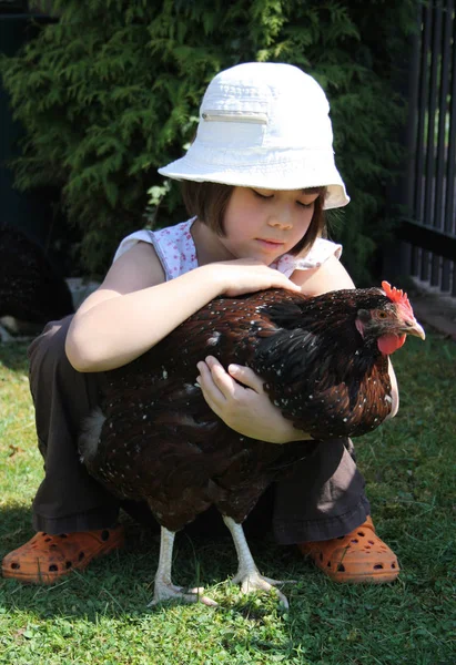 Girl Huddles Meadow Lovingly Caresses Chicken — Stock Photo, Image