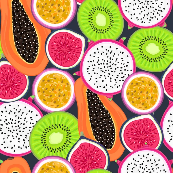 Vector seamless pattern with tropical fruits. Healthy dessert. Fruity background. Dragon fruit, kiwi, passionfruit, fig, papaya. Wrapping, exotic food market advertisement, wallpaper, summer banner