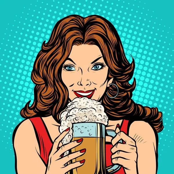 Beautiful woman with a mug of beer. Pop art retro vector illustration kitsch vintage