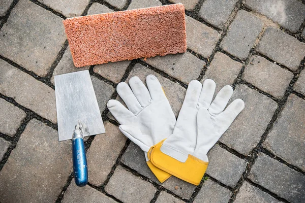 Trowel Sponge Board Work Gloves Stone Ground — Stock Photo, Image