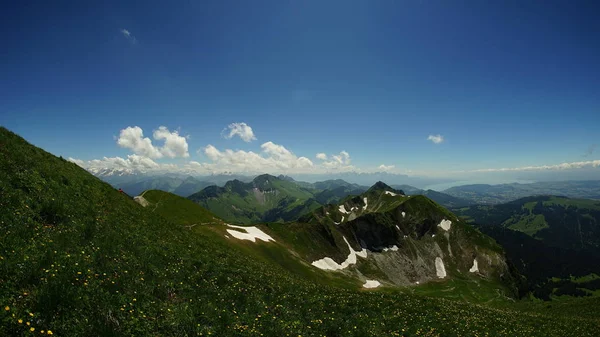 Pohled Moleson Blízkosti Býka Švýcarsku Přes Freiburg Alpy Jezero Geneva — Stock fotografie