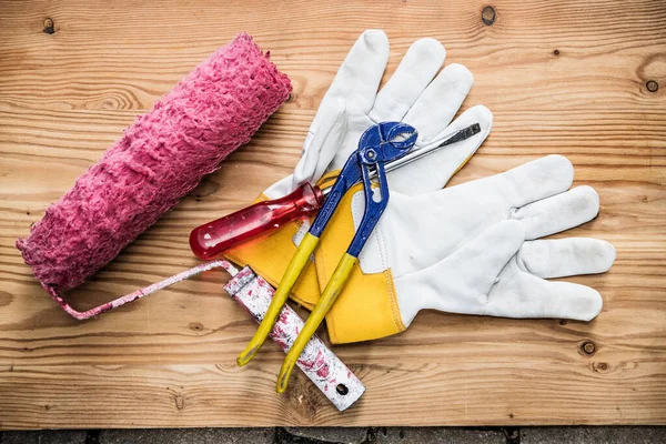 Paint Roller Tools Work Gloves Wooden Ground — Stock Photo, Image