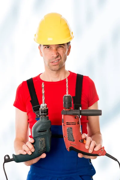 Uomo Selvaggio Con Casco Due Trapano — Foto Stock