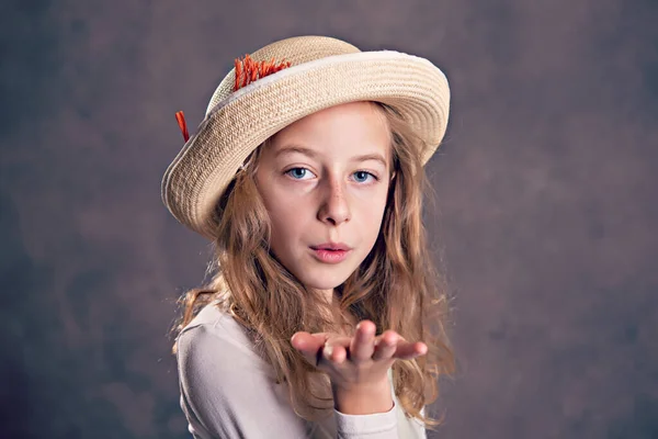 Nice Girl Blond Hair White Dress Straw Hat Blowing Hand — Stock Photo, Image