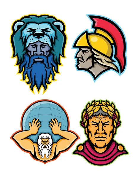 Mascotte Illustratie Pictogrammenset Hoofden Van Romeinse Griekse Helden Goden Mythologie — Stockfoto
