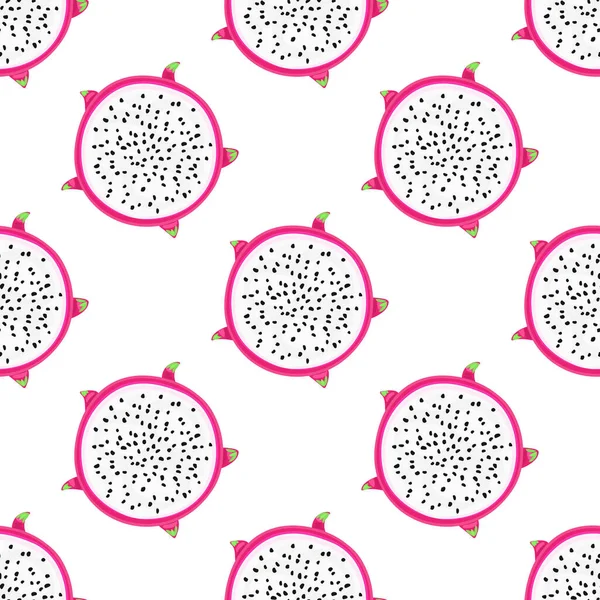 Seamless pattern with tropical fruits. Healthy dessert. Fruity background. Dragon fruit or pitaya. Exotic food. Wrapping, print on clothes, wallpaper, summer banner. Vector illustration, eps10