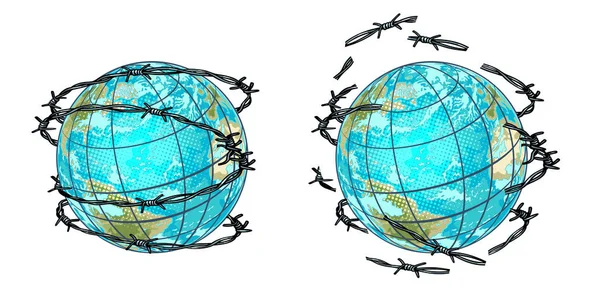 Planeet Aarde Prikkeldraad Zonder Pop Art Retro Vector Illustratie Kitsch — Stockfoto