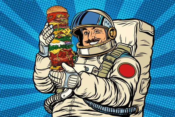 Mustachioed Astronaut Med Jätte Burger Pop Konst Retro Vektor Illustration — Stockfoto