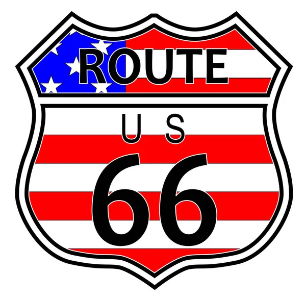Route Sechsundsechzig Autobahnschild Über Einem Stern Und Streifen Flagge Hintergrund — Stockfoto