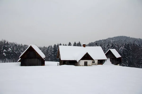 Gammalt Hus Djupt Snöigt Vinterlandskap Dagen — Stockfoto