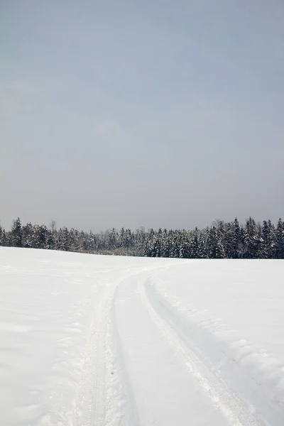 겨울에는 시골의 눈덮인 초원에 눈덮인 자전거를 — 스톡 사진