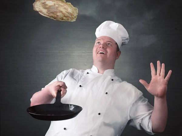 Chef Basts Pancake Segar — Stok Foto