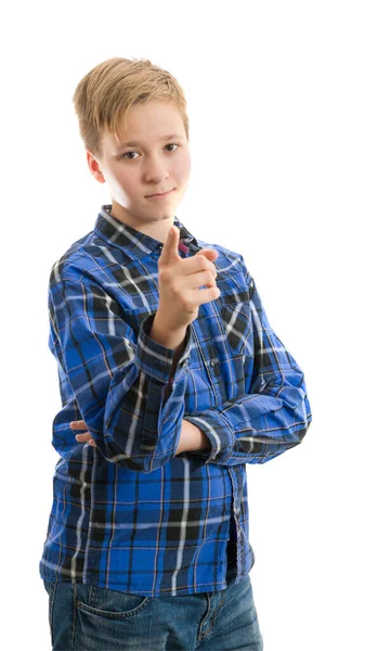 Νεαρό Αγόρι Ένα Δάχτυλο Στο Πρόσωπό Του — Φωτογραφία Αρχείου